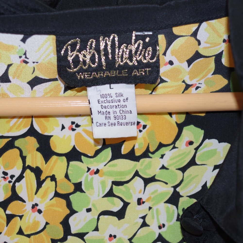 Bob Mackie Vtg. Black Yellow Flower Silk Vintage Long Sleeve Button Beaded Top L - Picture 6 of 7